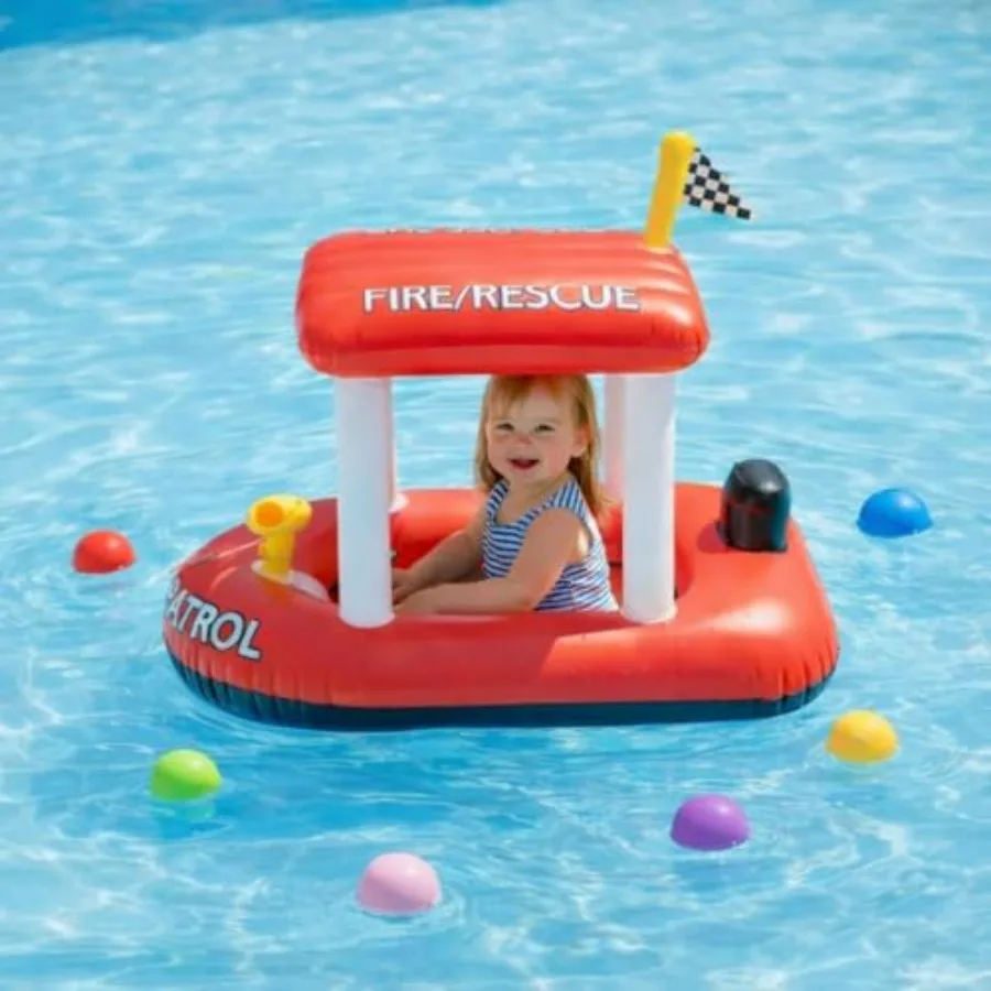 

Pool toy inflatable fire boat for kids, PVC material, red and yellow, durable and easy to inflate with reusable balloons