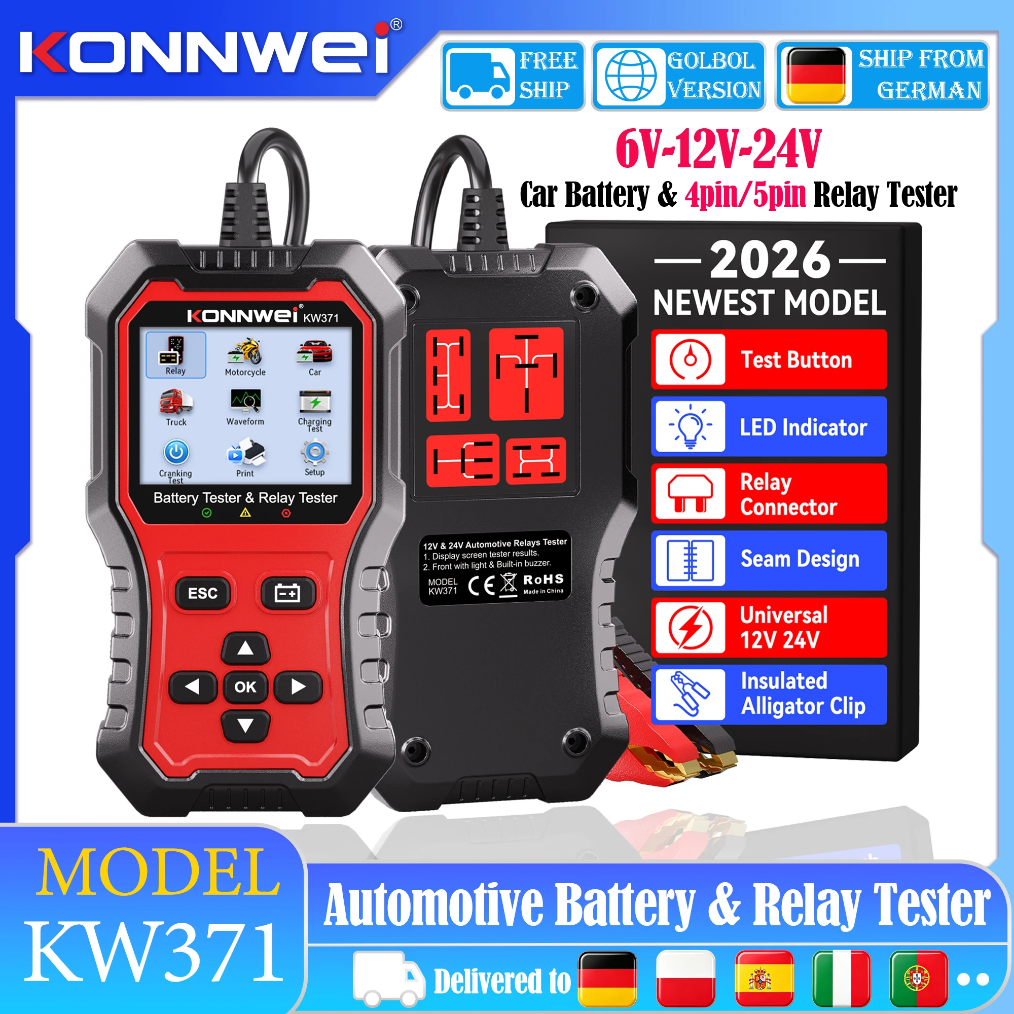 Testeur de batterie de voiture KONNWEI KW371 2026, testeur de relais 2-en-1, analyseur d'alternateur 12V, outil de test du système de charge pour véhicules européens