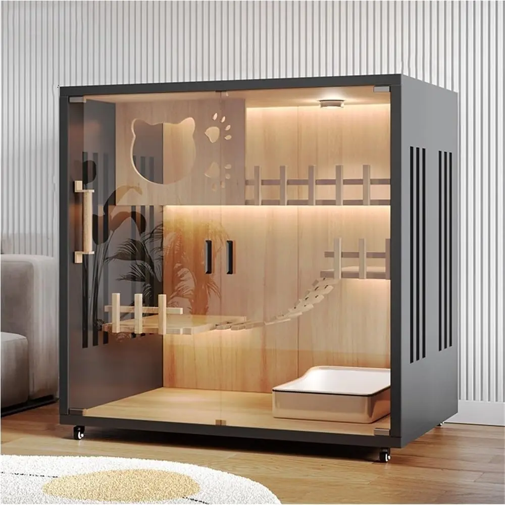 

Cat Cage with Tempered Glass Door, 3-Story Wooden Cat Villa, Luxury Modern Cat House, Movable Cat Bed (Without, Customized