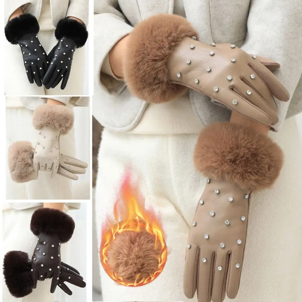 Luxuriöse Kunstpelzbesatzmanschette, PU-Lederhandschuhe, gefüttert, Touchscreen, Winter-Thermohandschuhe, Strass, winddicht, warme Handschuhe für Damen