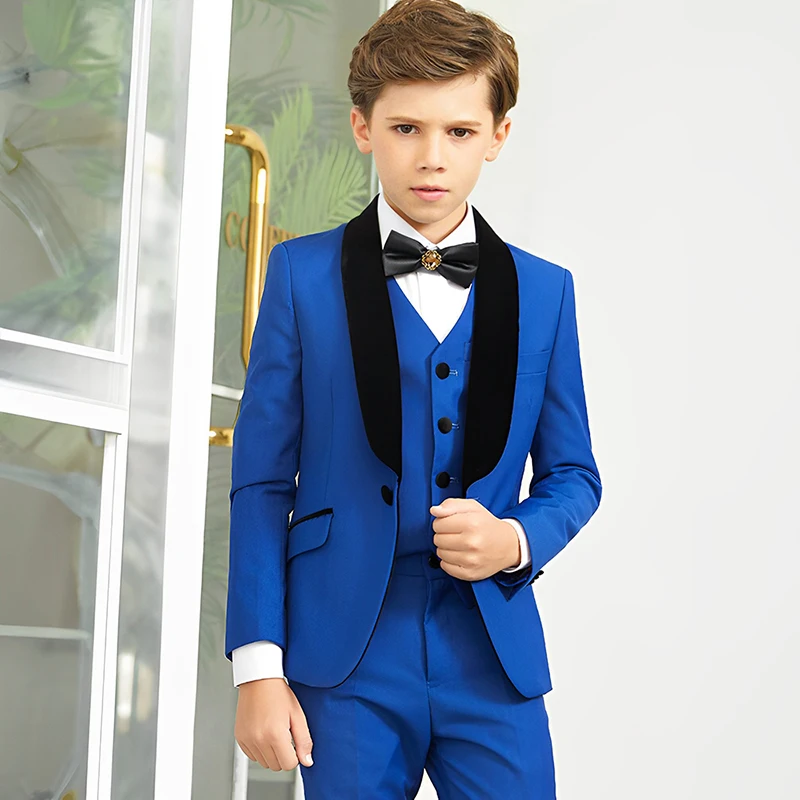 

Vibrant Royal Blue Boys Three-Piece Formal Suit Set Black Velvet Lapel Long Sleeves Suit Set Elegant Wedding Role Suit Set