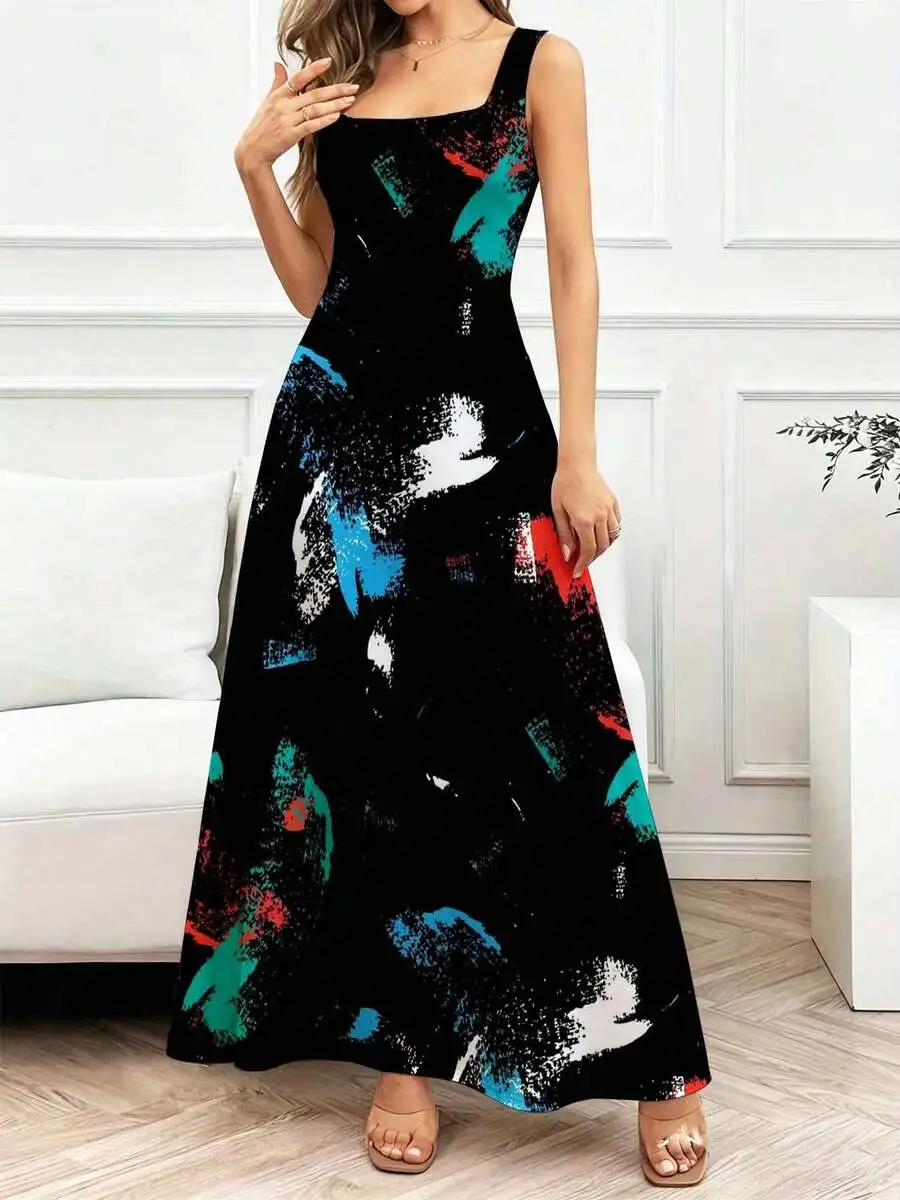 

Square Neck Sleeveless Maxi Dress Abstract Print Flowing Silhouette Casual Elegant
