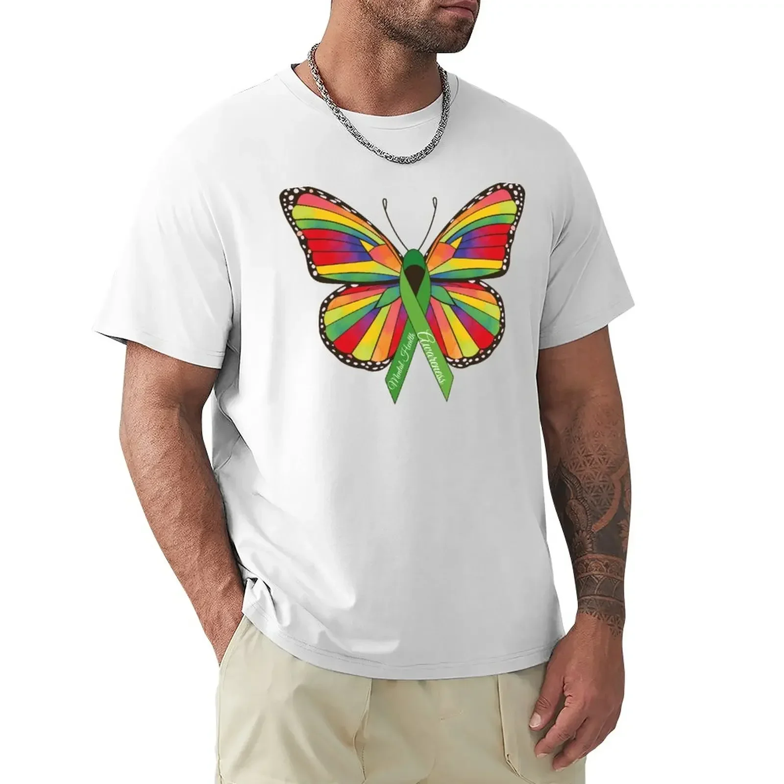 Mental Health Awareness Butterfly Ribbon Green T-Shirt customizeds anime t shirts cheap stuff plain black t shirts men