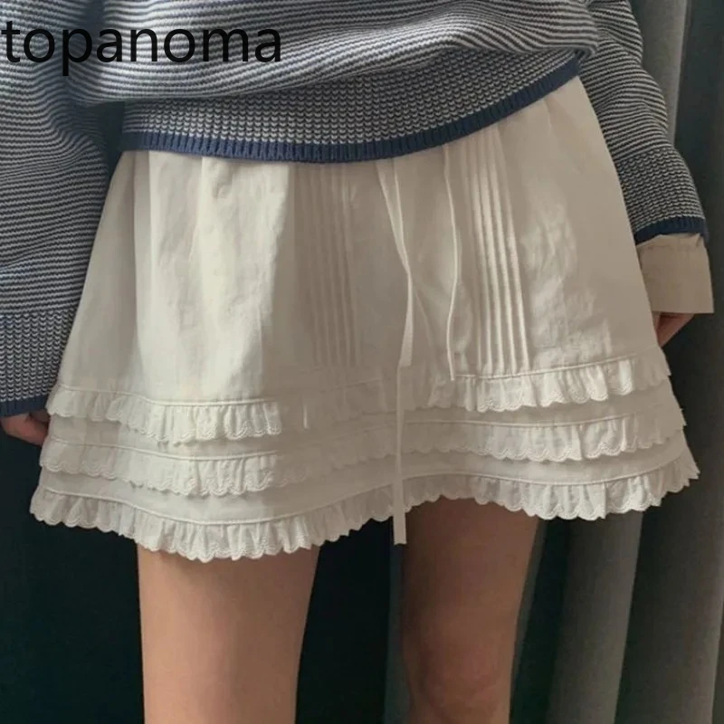 

Topanoma Mini Skirts Women Lace Patchwork Ruffles Stretch High Waist Bow Summer Fashion Elegant Female Cake Skirt Casual