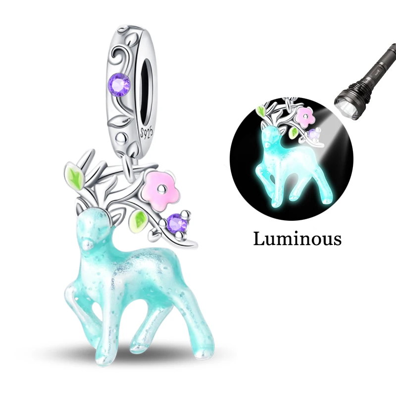 Hot 925 Sterling Silver Mysterious Luminous Deer Charms Pendant Fit Original Bracelet DIY Women Engagement Jewelry Gift