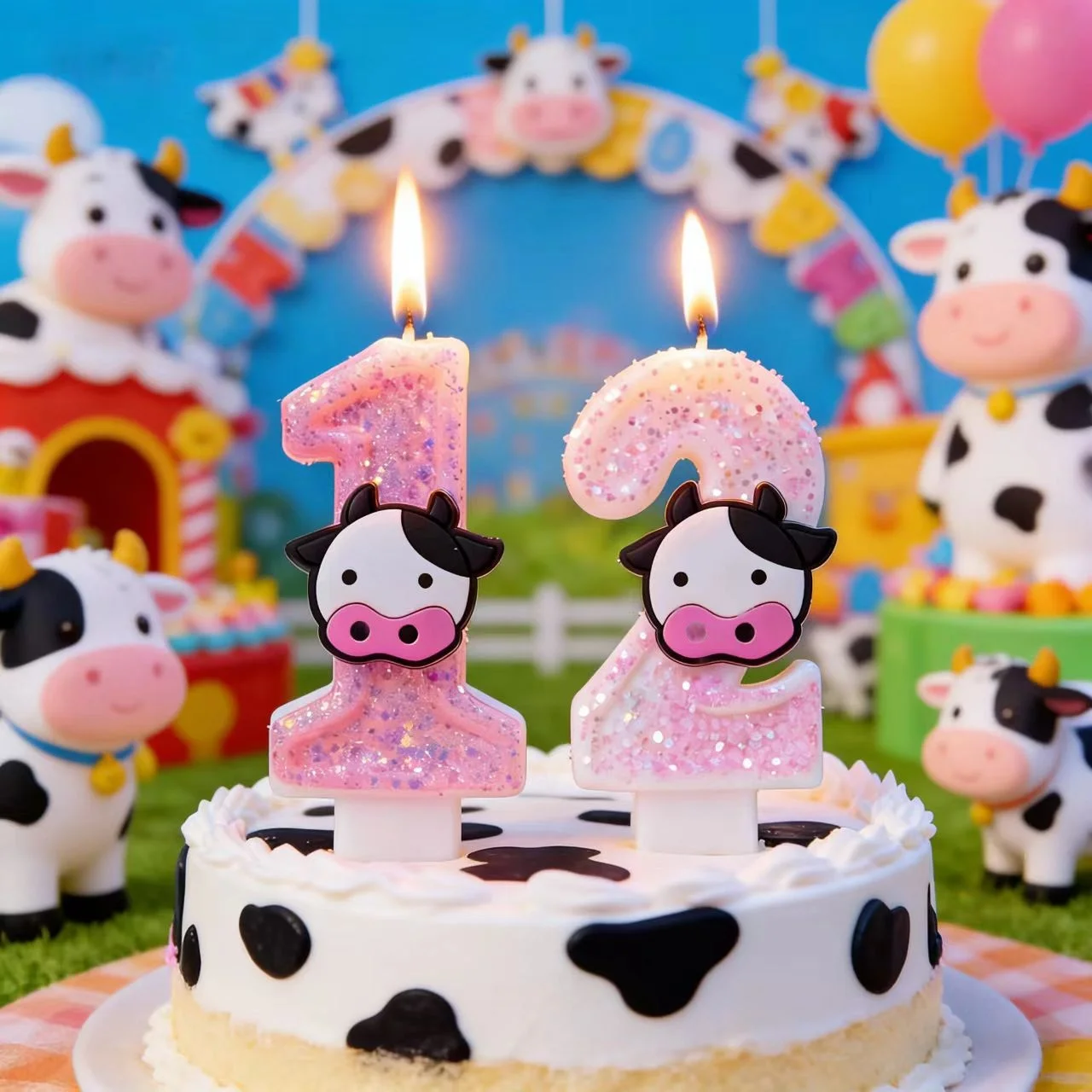 Geburtstagskerze Niedliche Kuh-Dekoration Geburtstagsparty-Zubehör Rosa-Weiße Kuh-Themen-Kuchen für Kinder Jungen Mädchen Party