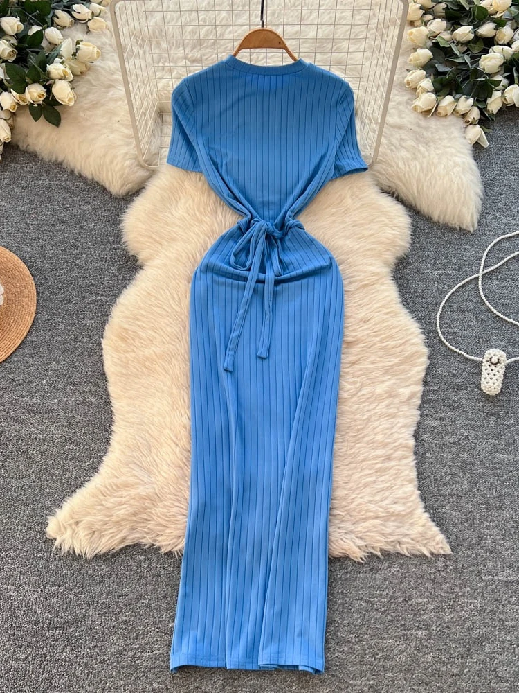 Foamlina Blue Knit Bodycon Dress Women Fashion O Neck Short Sleeve Sash Tie-up Back Slim Fit Long Dress for Casual Daily Wear