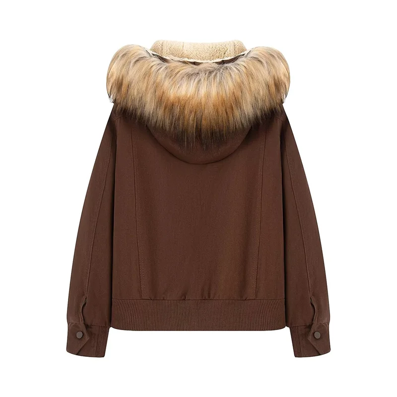 معاطف نسائية كلاسيكية بقلنسوة وياقة من الفرو وأكمام طويلة وجيب واحد الصدر سترة خريف 2025 ملابس خارجية دافئة للسيدات