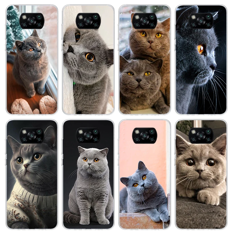 British Shorthair Cat Phone Case for Xiaomi Poco X6 X5 X4 X3 Nfc F6 F5 Pro F4 Gt F3 F2 F1 M5S M4 M3 5G Soft Cover Print Fundas