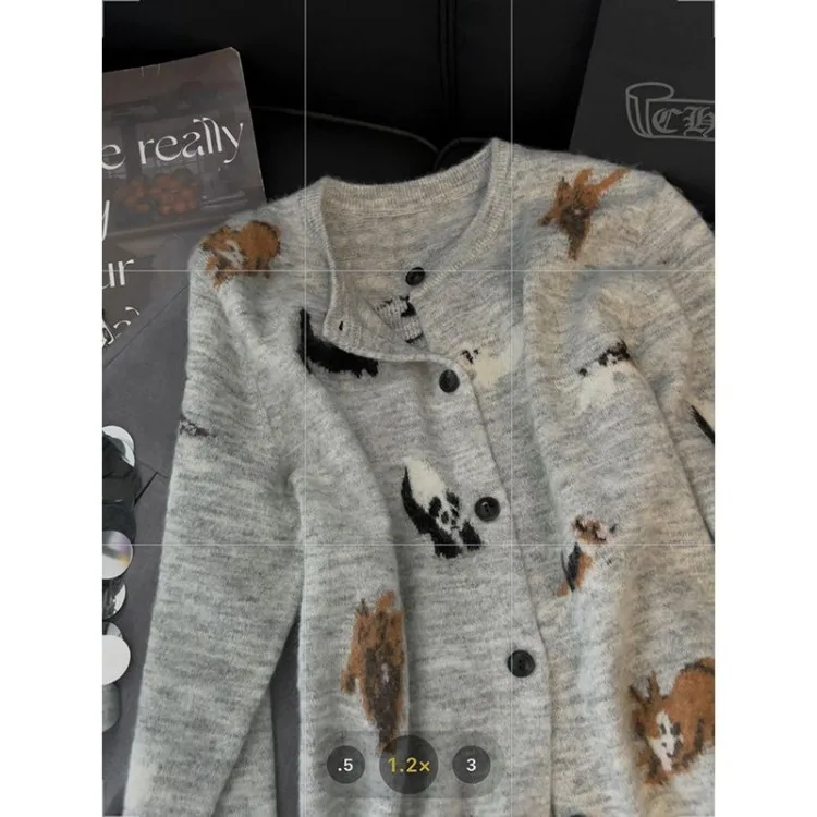 Lazy Cute Dog Print O-neck Cardigan Coat Women 2024 Early Autumn New Knitted Tops Mujer Y2k Long Sleeve Loose Sweaters