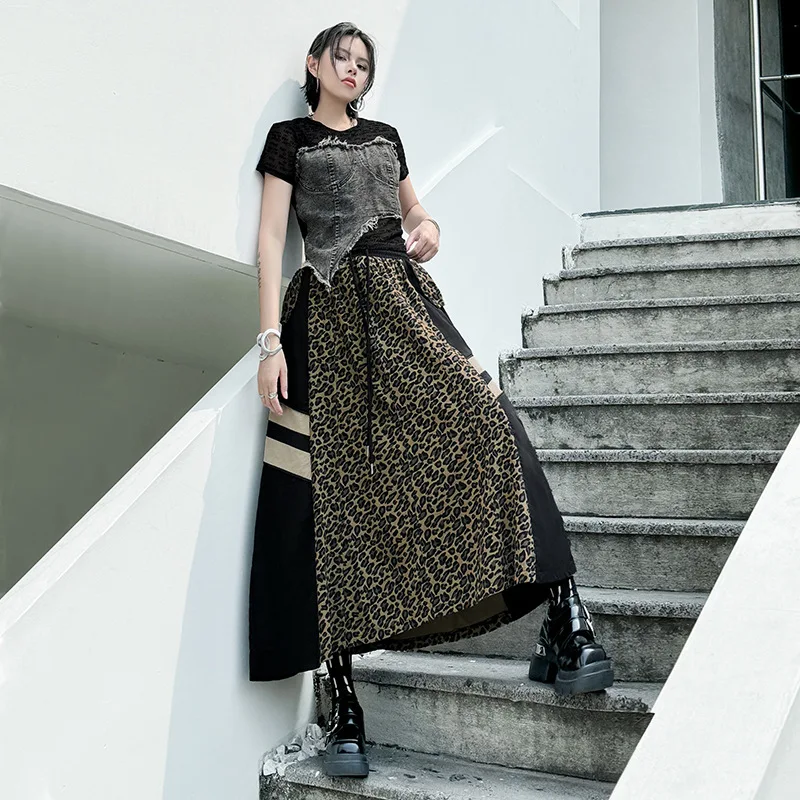 Women Spliced Denim Skirts Camouflage Leopard Skirt Ankle Lenth A Line Drawstring Waist Loose Elegant Casual 2025 Spring Autumn