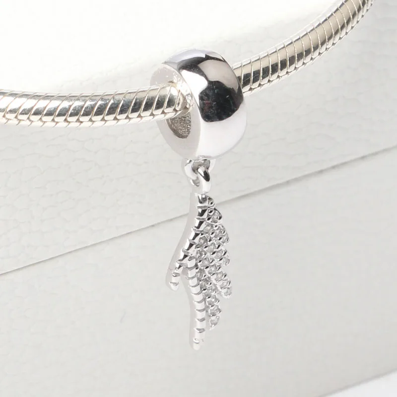 Pave Majestic Feathers Dangle Charm Fit Women Bracelet Bangle DIY Jewelry S925 Sterling Silver Pendant Bead Lady Girl Gift