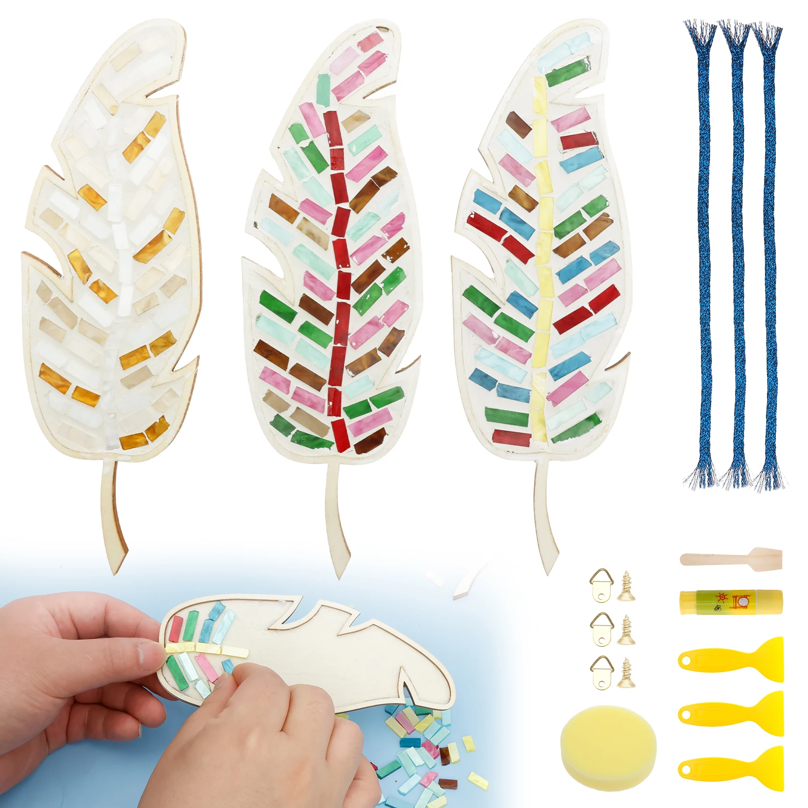 

3 Sets DIY Glass Mosaic Tiles Crafts Mixed Color Mosaic Kits with Wooden Coaster, Feather Shape Mosaic Puzzles Crafts Ornament
