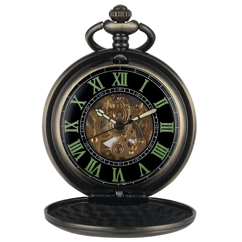 Bronze Luminous Roman Numerals Dial Unisex Automatic Mechanical Pocket Watches Pendant Chain Skeleton Clock Full Hunter Gift