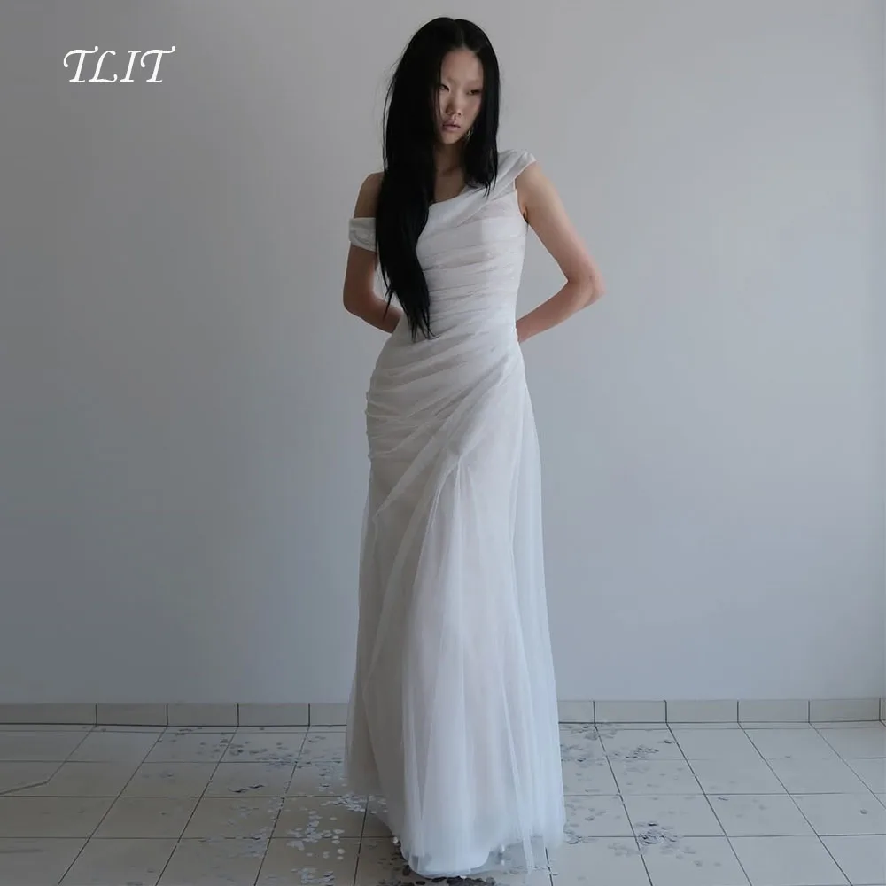 TLIT Customized Simple A-Line Korean Wedding Dresses Photoshoot Court Sweep Wide Strap Floor Length Bridal Reception Gowns