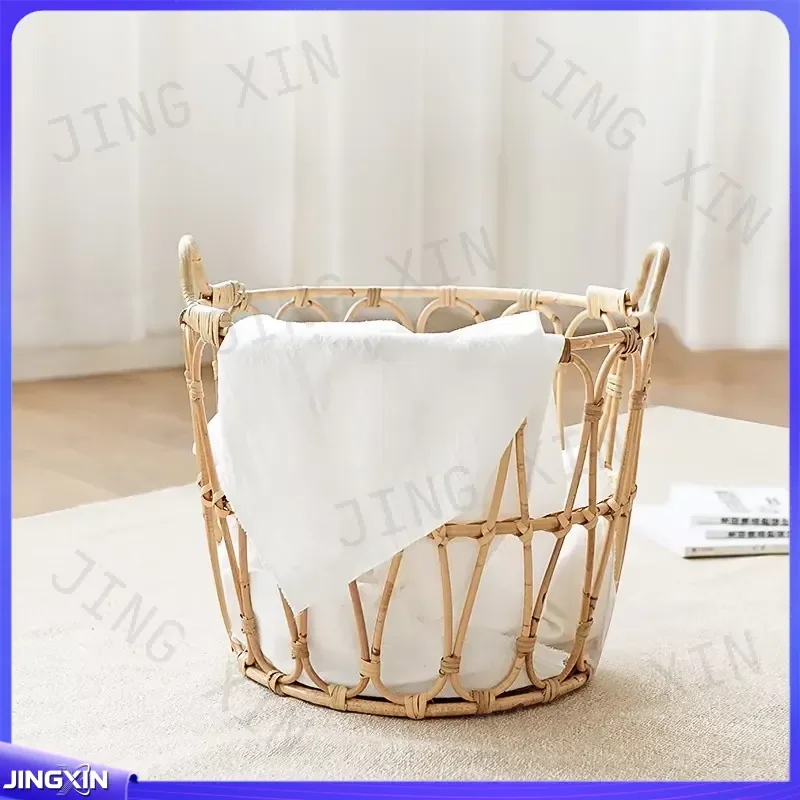 Custom for Large Rattan Storage Basket Woven Hollow Laundry Hamper Blue Kids Photography Prop Doll Organizer Home Decor