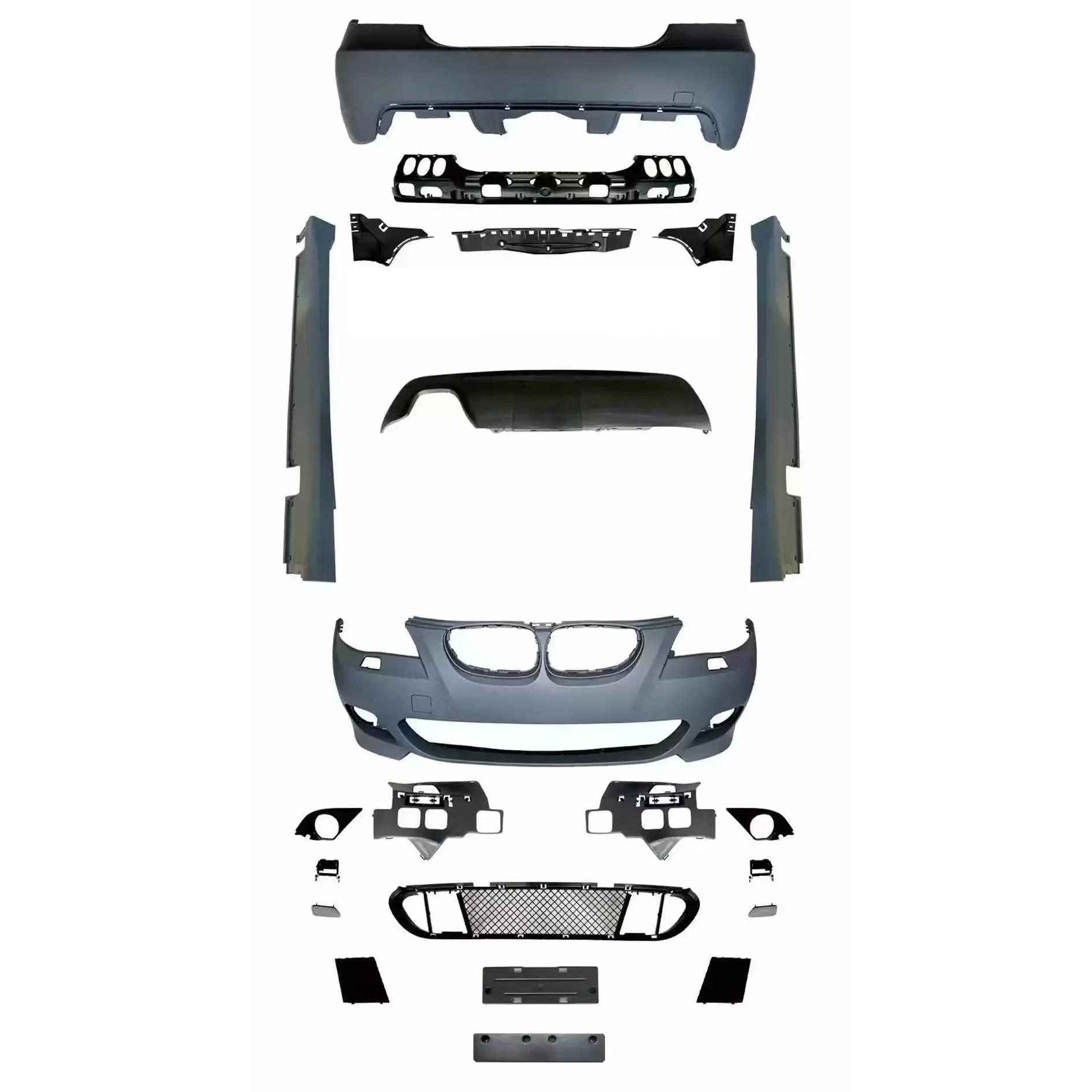 Unlackiertes Karosserie-Kit für BMW 5er E60 2003-2009, modifizierte Front- und Heckstoßstange, unterer Grill, Seitenschweller, Hecklippe, Nebelscheinwerferrahmen
