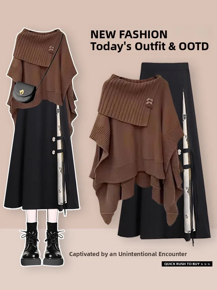 

Ele Large Size Autumn Winter Set Women's Sweet Cloak Sweater High-End Design Chic Top with Bla Skirt Ensemble
