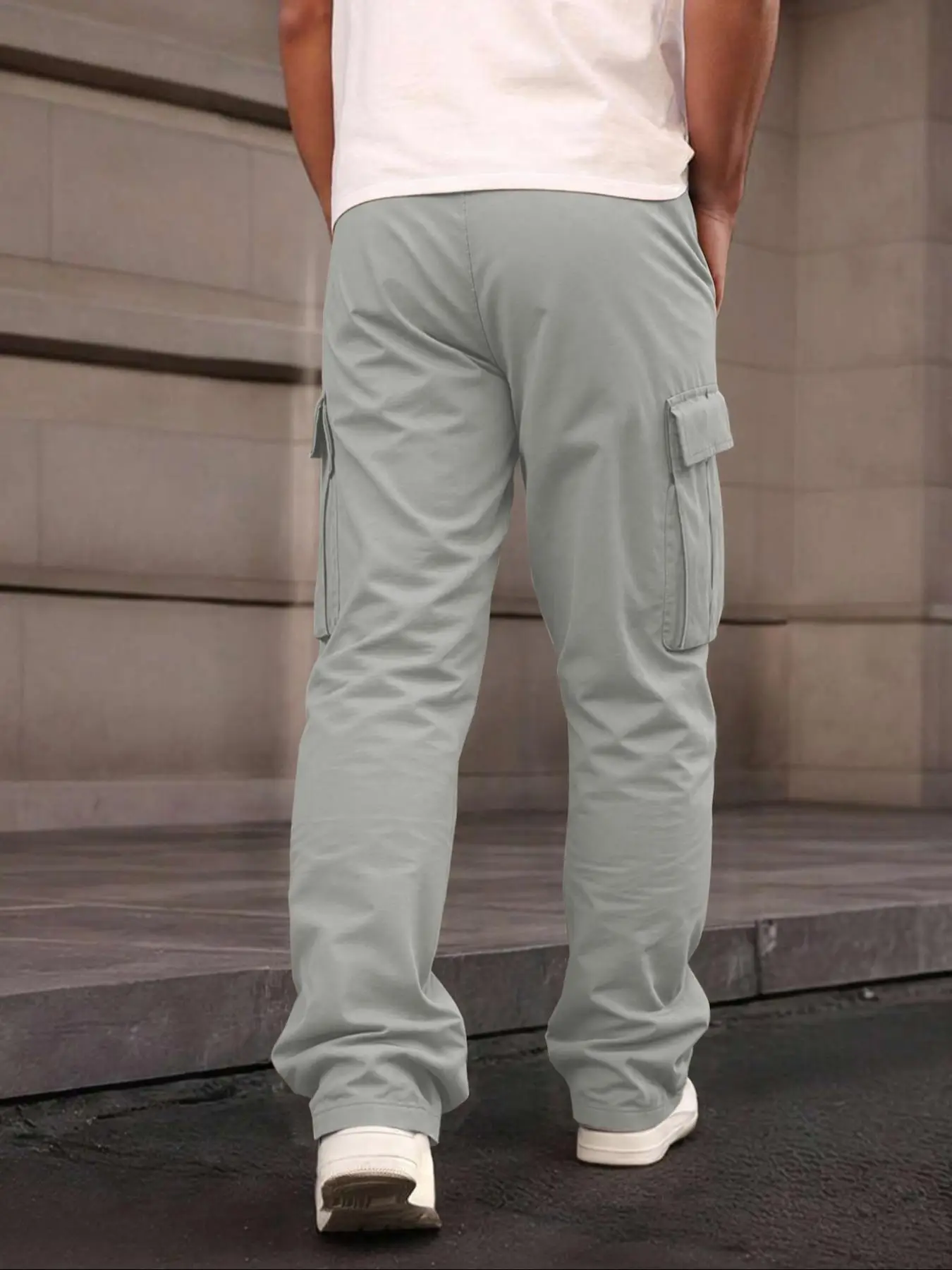 Einfarbige Cargohose für Herren mit Pattentasche, Kordelzug am Bund, reguläre Passform, lässige Hose mit geradem Bein für den Alltag – Detail 28