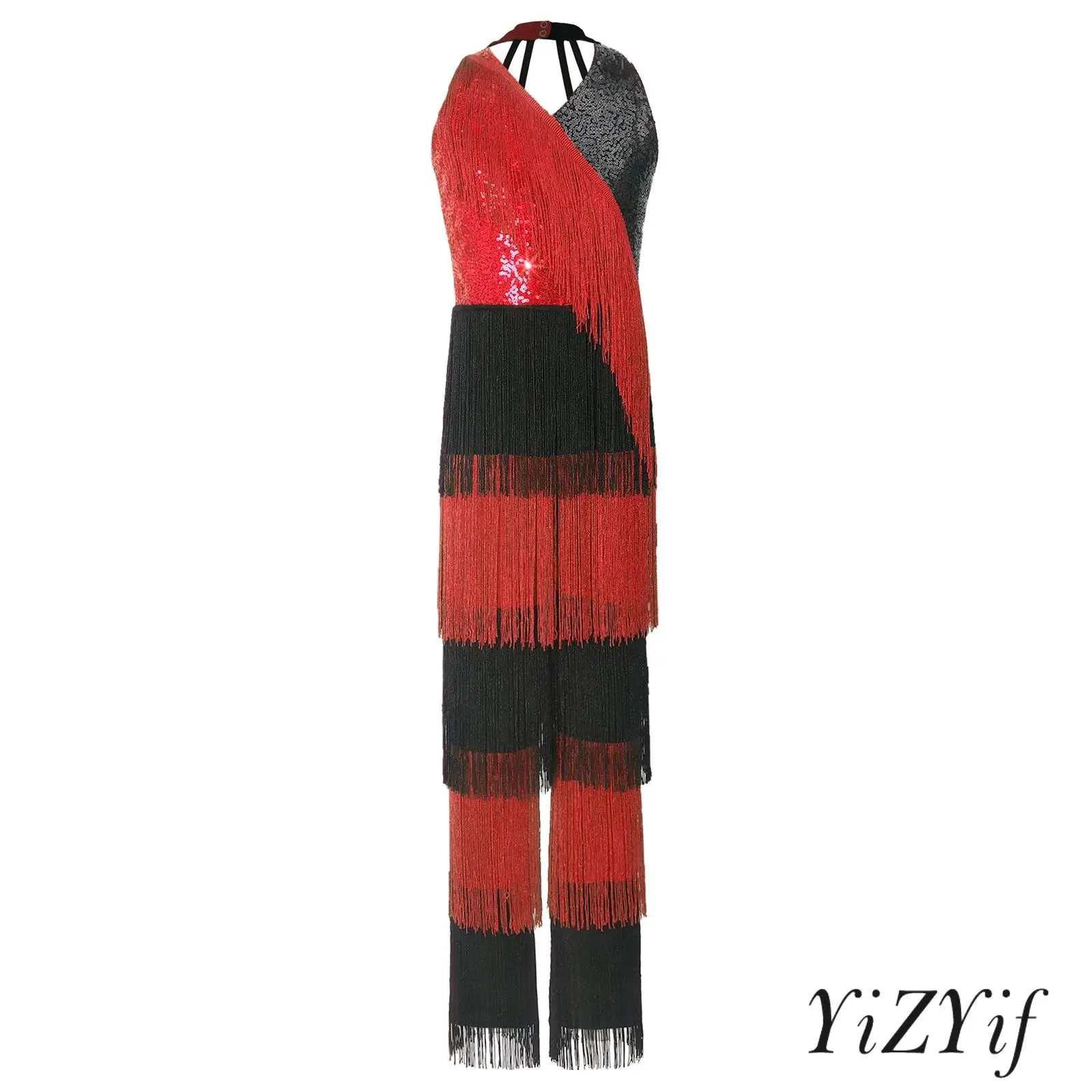 

Детский комбинезон для девочек для латиноамериканских танцев (румба), с лямкой через шею, без рукавов, с бретелями на спине, в стиле колор-блок, для джазовых танцев, с пайетками и бахромой