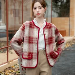 Women Clothing Plaid Chic Ruffles Lace-up Thick Jackets Autumn Winter Fashion Vintage Loose Coats Commute Casual Outerwears