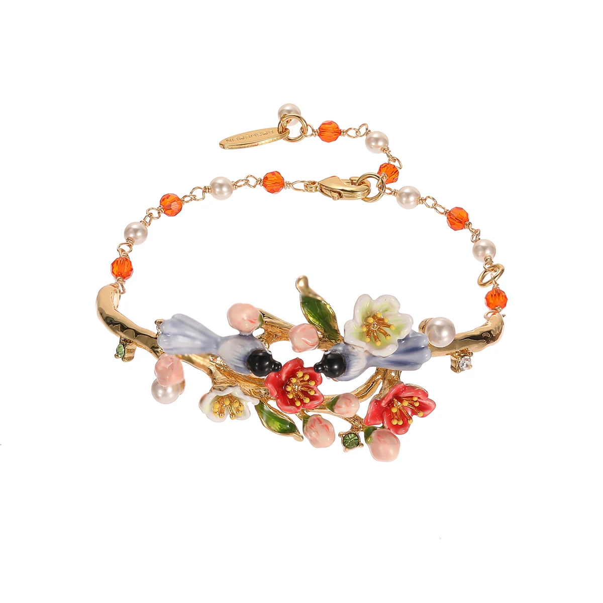 

New original design enamel two-tone flowers pink rose bud pearl bird bracelet luxury magpie bracelet women's accessories