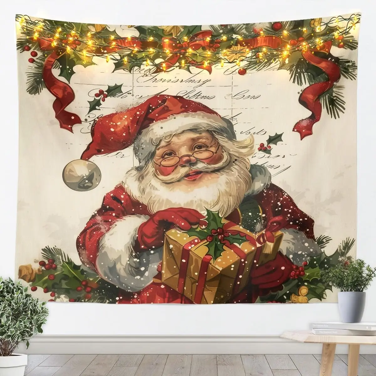 tapecaria-de-papai-noel-folhas-de-azevinho-de-frutas-vermelhas-arte-de-suspensao-de-parede-presentes-de-natal-cobertores-de-parede-tapecarias-de-poster-aquarela-vintage