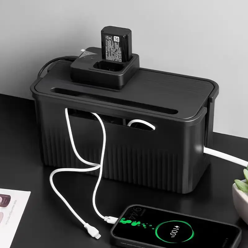 Cable Storage Box Desktop Charging Data Cable Storage Device Plug Socket Cable Management Device Black White Storage Organizer
