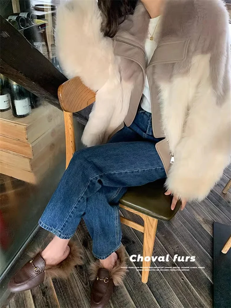 High end Autumn Winter 2024 Color Blocking age Reducing fur All-in-one Jacket Trendy Fashionable Soft Lazy fur top for Women WLF