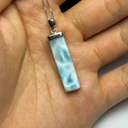 Larimar Blue Natural Gem Men Women Rectangular Rectangular cuboid 925Silver Necklace Pendant Haiwen Stone Pectolite Fine Jewelry