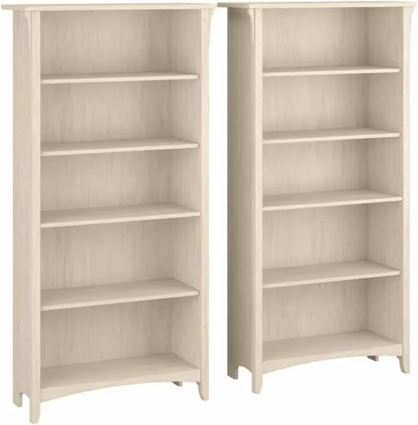 5 Shelf Bookcase - Set of 2 | Large Open Bookcase with 5 Shelves in Antique White Sturdy Display Cabinet for Library, Bedroom