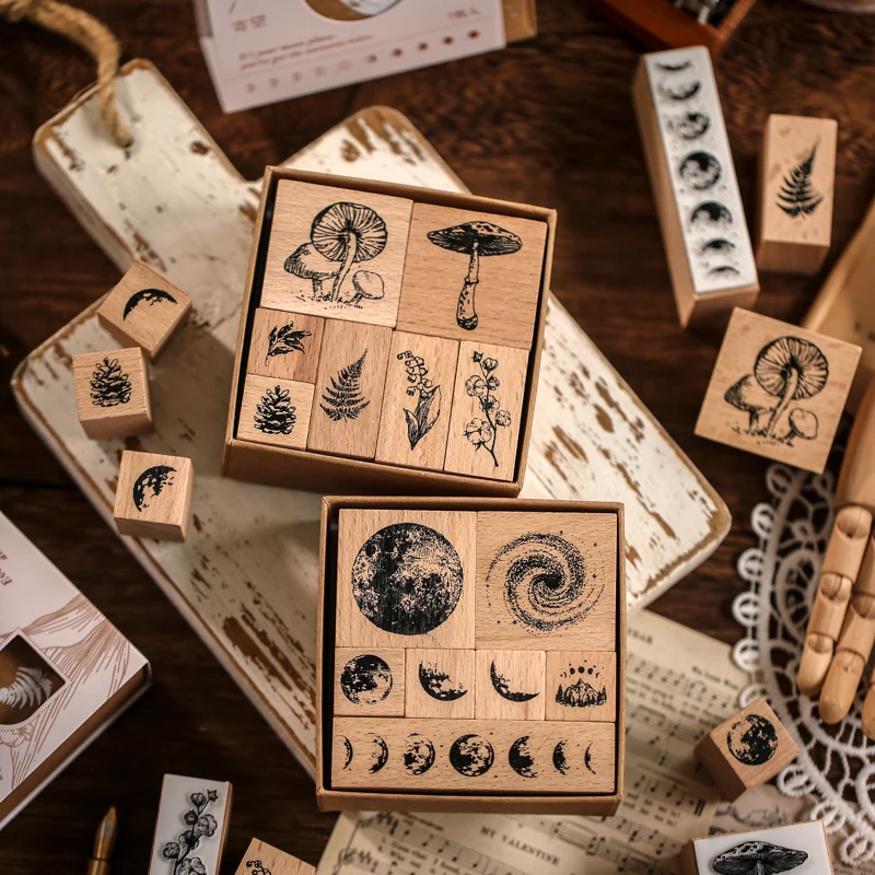 7pcs/set Vintage Plants Phases of The Moon Standard Wood Stamp Wooden Rubber Stamps for Scrapbooking Stationery DIY Craft