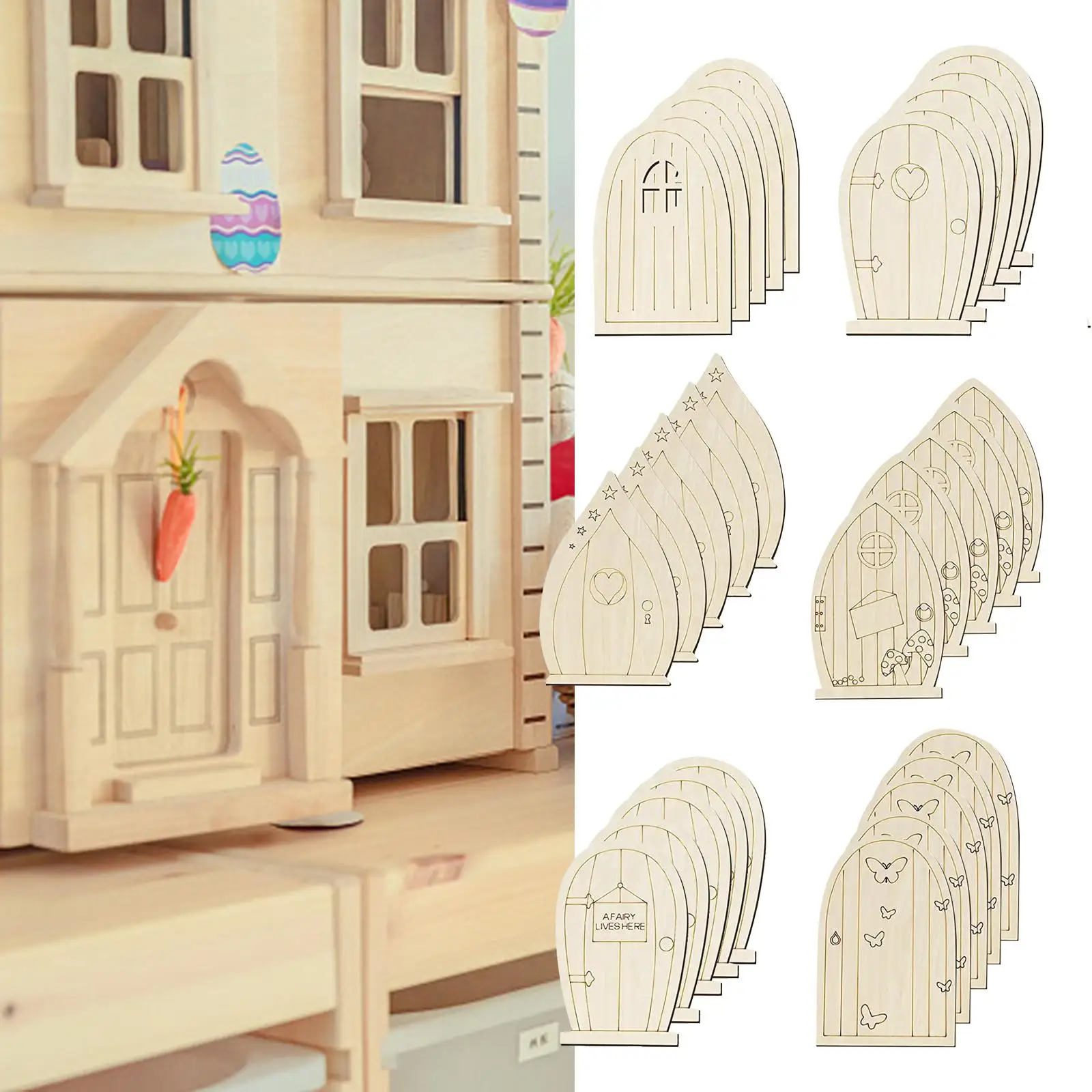 Enchanting Unpainted Wooden Fairy Garden Door Set - 30 Pieces for DIY Crafts and Decor