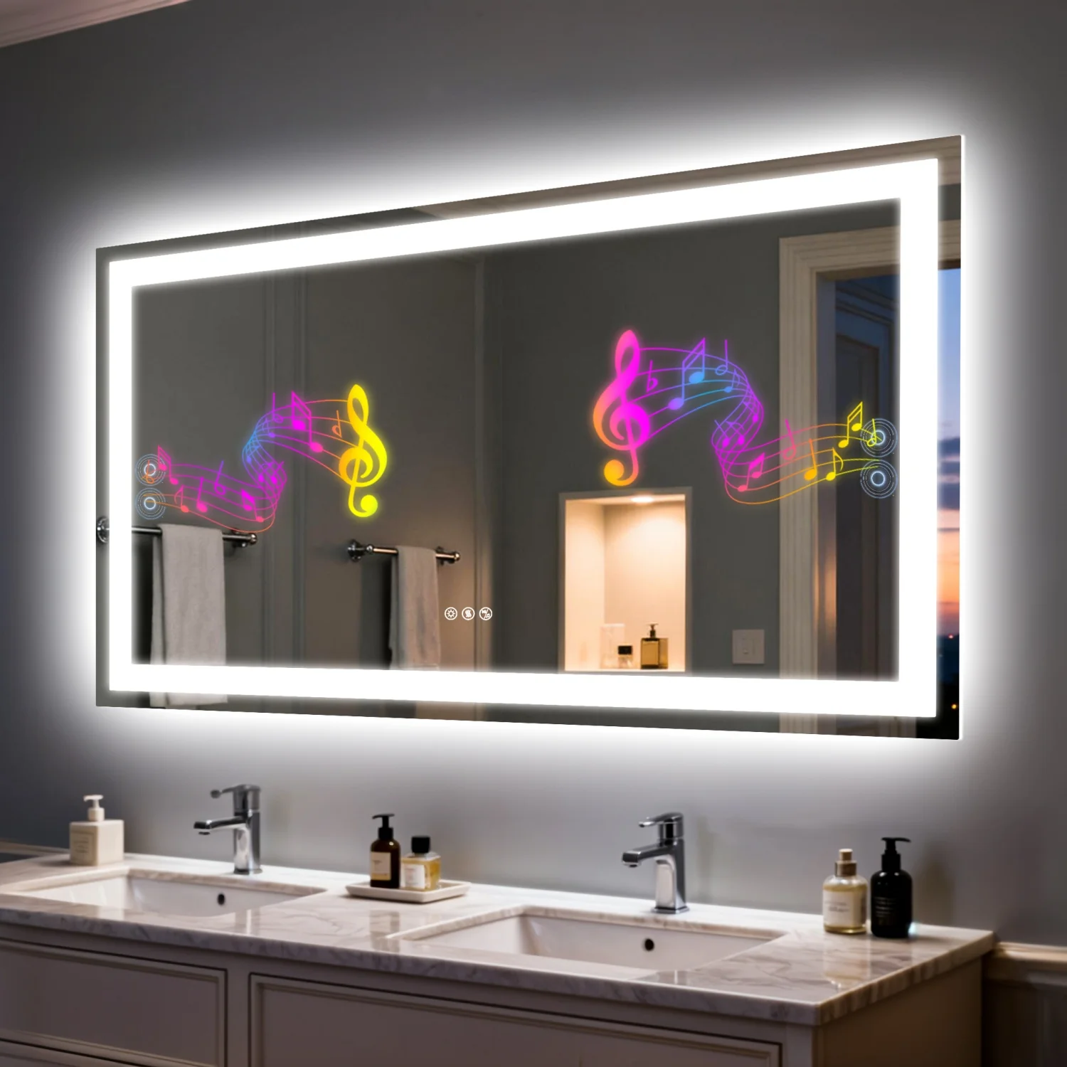 Miroir de salle de bain LED 50/60/100/120CM, avec haut-parleur Bluetooth, 3 couleurs, verre trempé à intensité variable, rétro-éclairage étanche, miroir de vanité