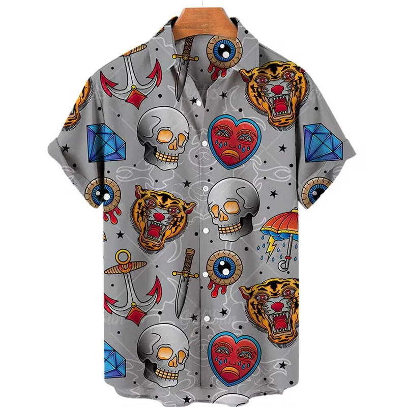 Vintage Skull Fire Men's Summer Shirt Funny Skull 3D Print Street Casual Shirt Short Sleeve T Shirt Hawaiian Lapel Button ShirtV