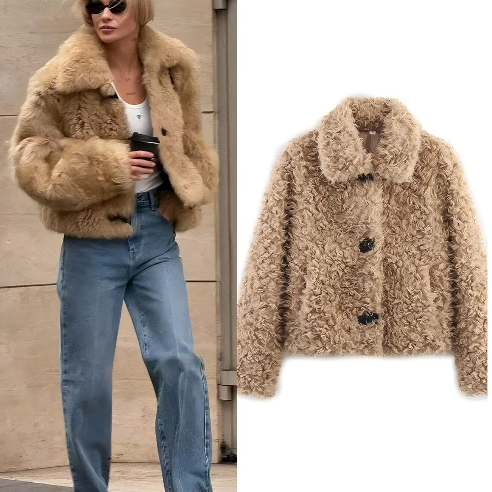 

Women's Winter New Fashion short single breasted warm faux fur coat retro lapel long sleeved women's coat chic top