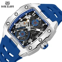 Reloj mecánico automático MEGIR azul para hombre, reloj de pulsera deportivo informal a la moda resistente al agua con correa de silicona, esfera Tonneau