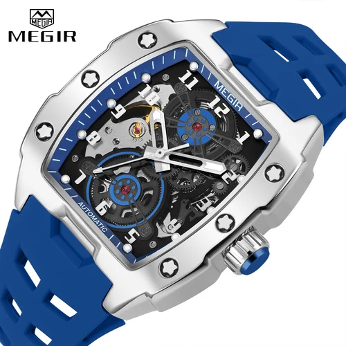 Imagen 1 del producto Reloj mecánico automático MEGIR azul para hombre, reloj de pulsera deportivo informal a la moda resistente al agua con correa de silicona, esfera Tonneau