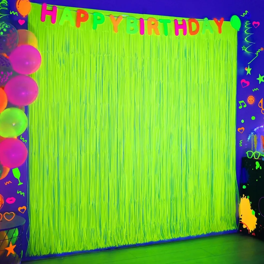 

Glow in The Dark Party Supplies, 2 Pack Neon Party Decorations 6.6 x 6.6 ft Fluorescent Macaron Yellow Tinsel Foil Fringe