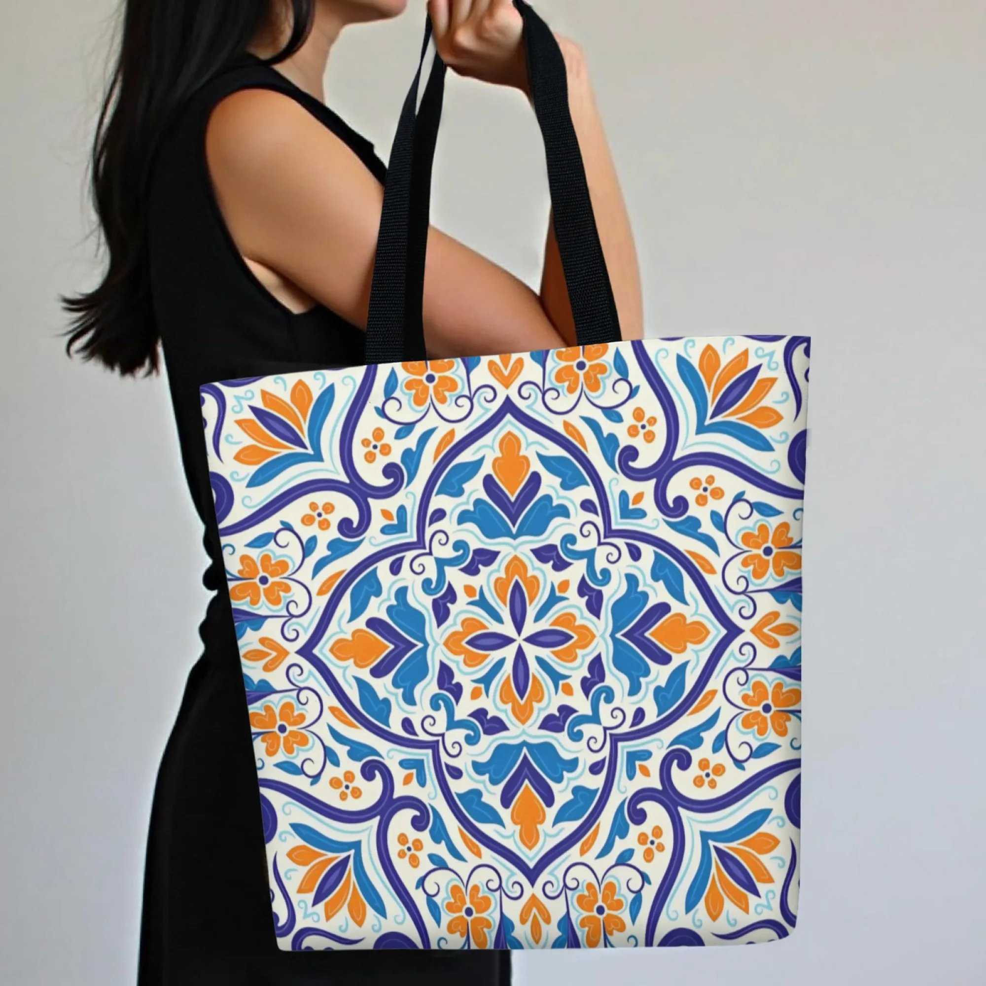 

Exotic Moroccan-inspired Canvas Tote Bag with Patterned Print Blue Orange Accents Exotic Style for Daily Commuting Shoulder Bag