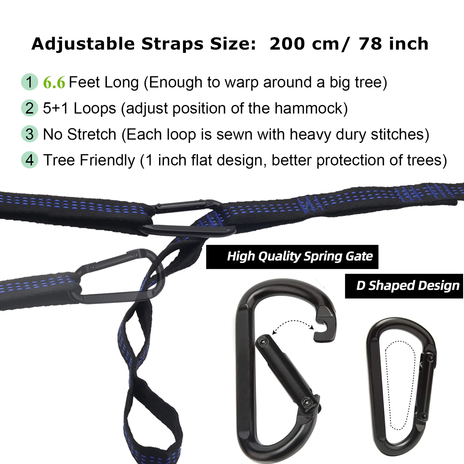 2 PCS 200CM/ 78Inch Hammock Straps and 2 Hooks, 10+2 Loops, Portable Camping - Quick, Easy Setup, Hooks for Yoga Swing, Gym etc image 4