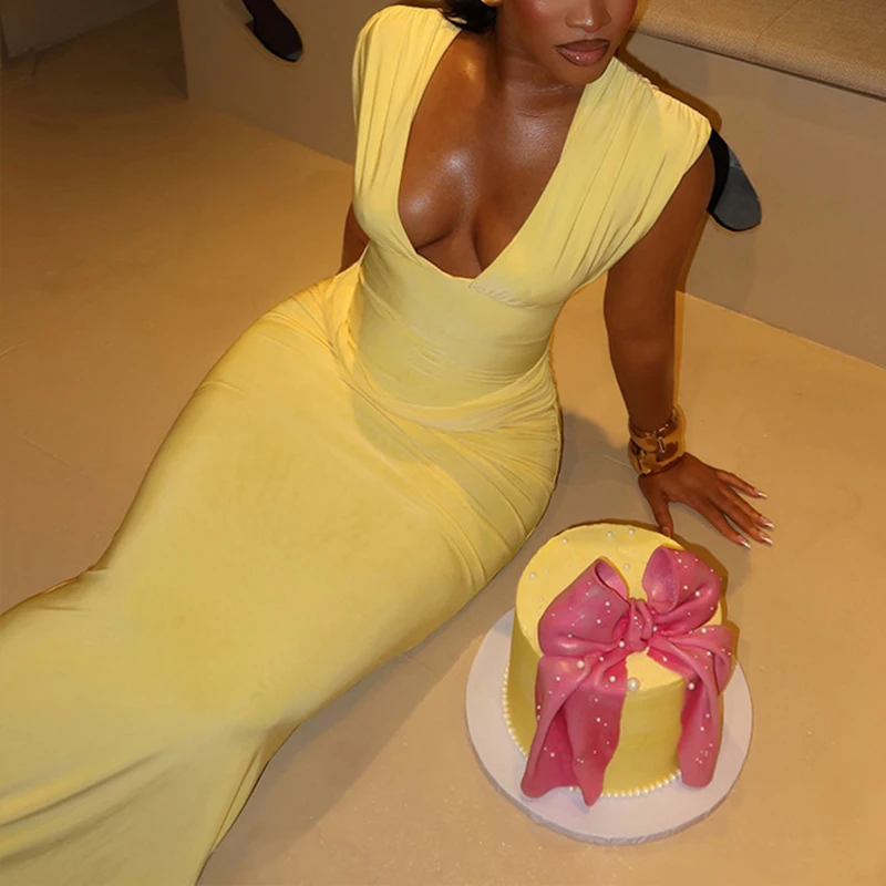 BKLD elegante temperamento cuello en V sin mangas ceñido al cuerpo plisado Color sólido paquete cadera vestido largo para mujeres fiesta Club ropa elegante