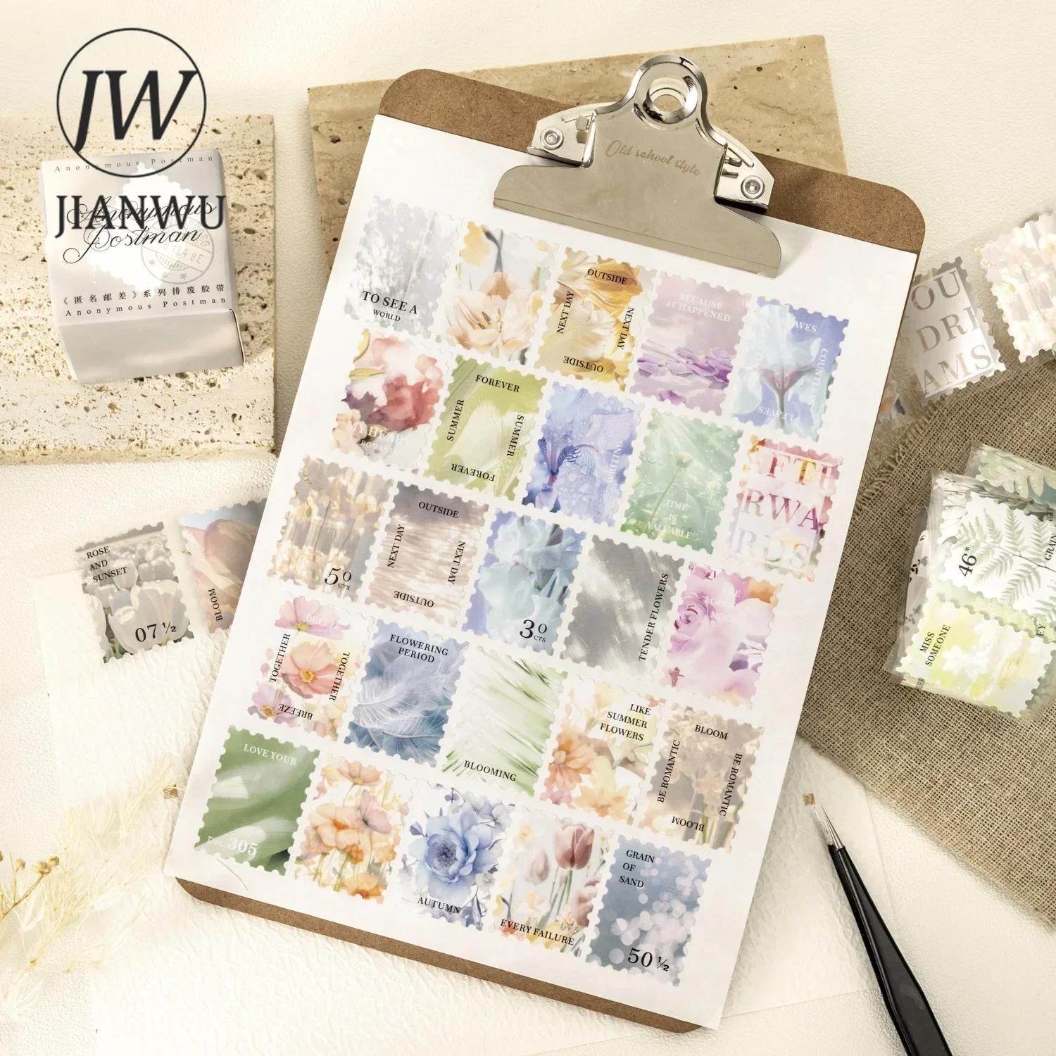 JIIAANWU 40mm*200cm Anonymous Postman Series Literary Flower Stamp Material Collage Tape Creative DIY Journal Stationery