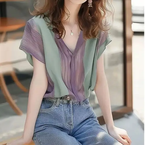 Imagen 2 del producto Camisa de manga corta empalmada a rayas moradas francesas 2025 Top suelto informal elegante versátil