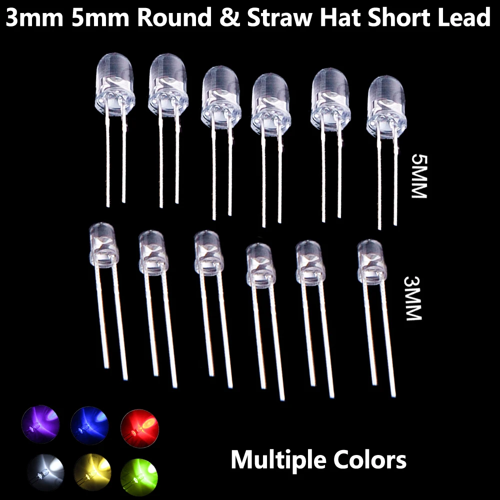 100PCS LED Diode Indicator Assortment 3mm 5mm Round & Straw Hat Short Lead Multiple Colors F3 white to warm white HJXRHGAL