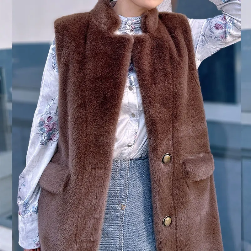 Fashion Women Golden Mink Cashmere Fur Women's Coat Autumn Winter Medium Long Style Loose Warming Thick Stand Collar Big Vest