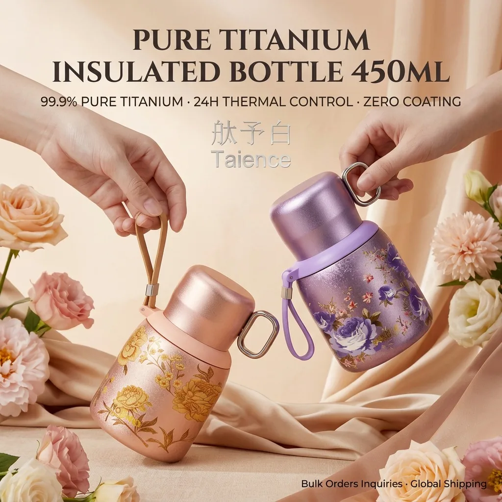 Taience 99.9% Pure Titanium Water Bottle 450ml Insulated Thermos with One Touch Lid and Tea Infuser 24h Hot Cold for Travel
