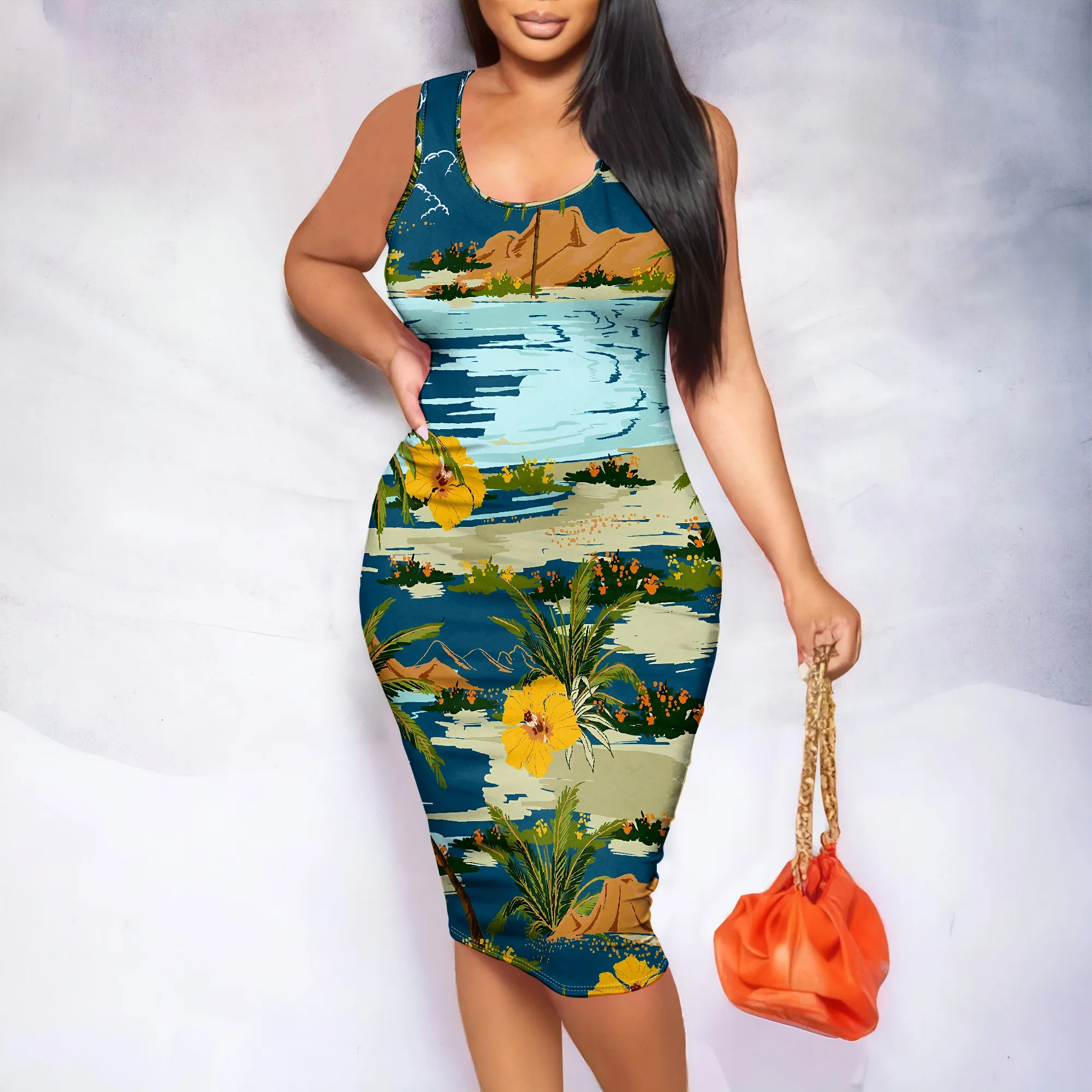 

Tropical Print Sleeveless Dress, Floral Beach Midi Dress, Bodycon Summer Wear, Vacation Outfit for Women, XS-2XL