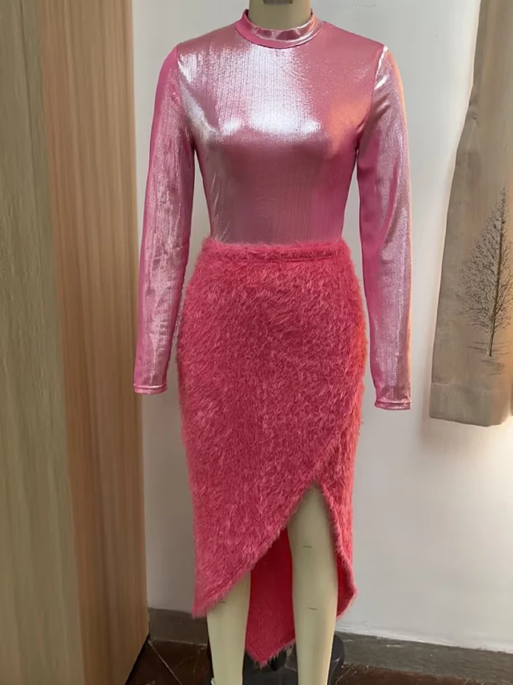 Faux Fur Pink Dress Set for Women Sparkly Mock Neck Long Sleeve Shirt Tops and Front Slit Wrapped Furs Skirt Sets Winter Trendy