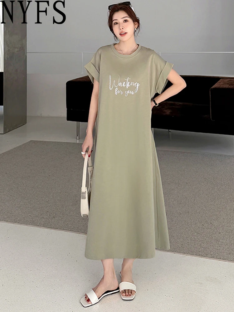 NYFS فستان صيفي 2025 كوريا نمط المرأة فضفاضة حجم كبير كم قصير إلكتروني طباعة فستان طويل رداء Elbise